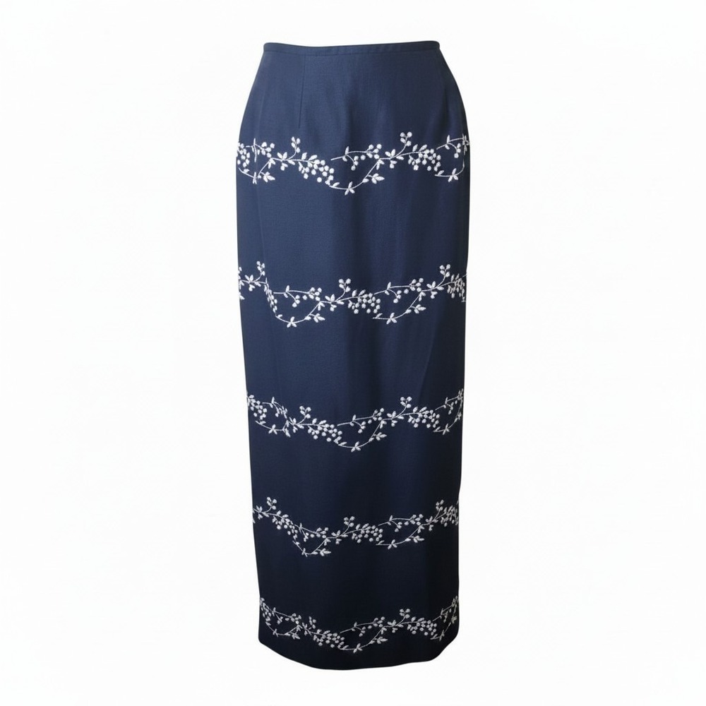 Kasper Womens 10 Navy Linen Embroidered Floral Straight Maxi Skirt